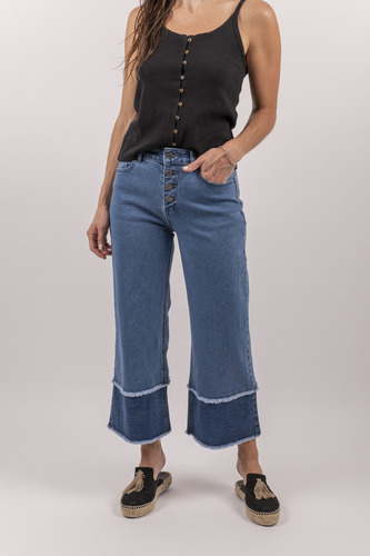 Jeans Mujer Botones Bicolor Azul