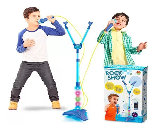 Microfone Duplo Com Pedestal Infantil Azul Mp3 Com Luz