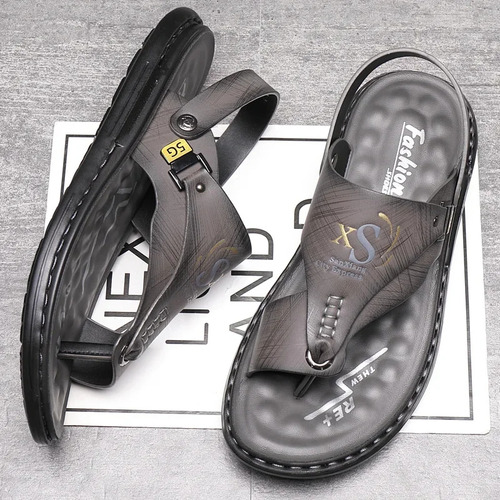 Sandalias De Playa De Cuero Gris Para Hombre, Estilo Casual,