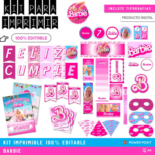 Kit Imprimible Cumple + Candy Editable - Barbie