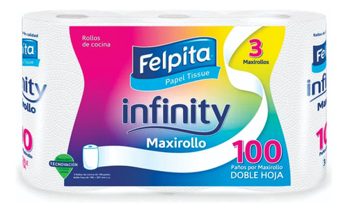 Rollo De Cocina Felpita Infinity Doble Hoja 100 Paños X3u