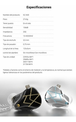 Imagen 4 de 5 de Auriculares In Ear Kz Asx 10ba Driver Por Lado Sin Microfono