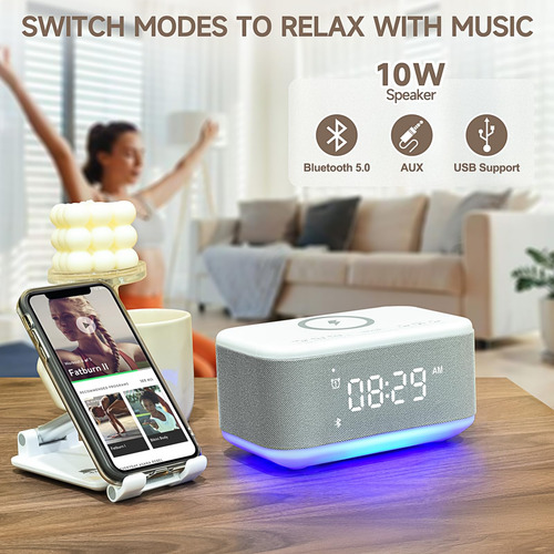 Reloj Despertador Bluetooth Con Altavoz Y Cargador Inalámbri Gris