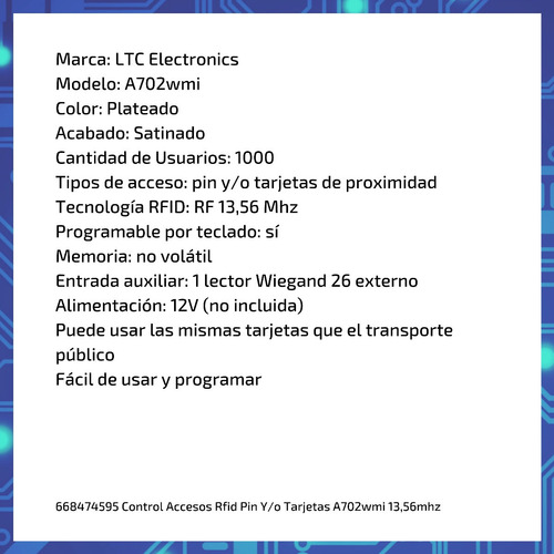 Imagen 6 de 10 de Control Accesos Rfid Pin Y/o Tarjetas A702wmi 13,56mhz