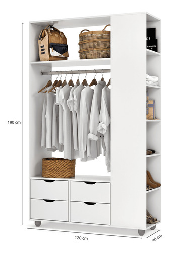 Guarda Roupa Closet De Solteiro Com 4 Gavetas E Nichos Roupeiro Com Cabideiro Para Quarto Cor Branco