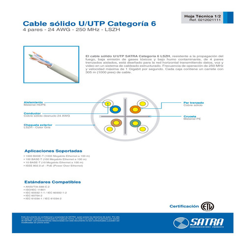 Cable De Internet Cat 6 Utp Cobre Puro 40mts Gris Satra