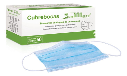 Cubrebocas Quirurgico Con Ajuste Elastico Color Azul Claro