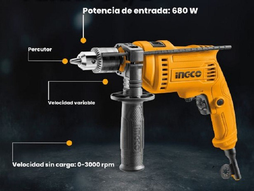 Taladro Atornillador Percutor Ingco 3 En 1 680w 13mm Id6808 Naranja 50 Hz 60 Hz