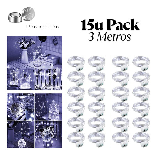 Alambre De Led 3mts Luz Con Pila Pack X15 Navidad Decoración Blanco