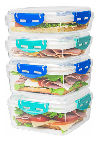 4 Recipientes Para Sandwiches, 100% Hermeticos, Sin Bpa, Apt