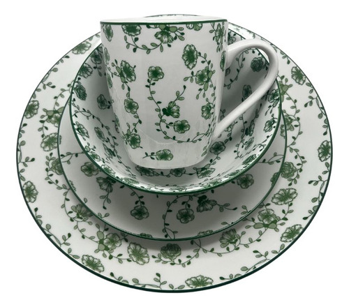 Vajilla 16 Piezas Cerámica Elegante Royal Haus Resistente Color Verde Floreado
