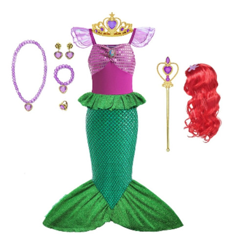 Disfraz Princesa Disney  La Sirenita + Peluca + Accesorios 