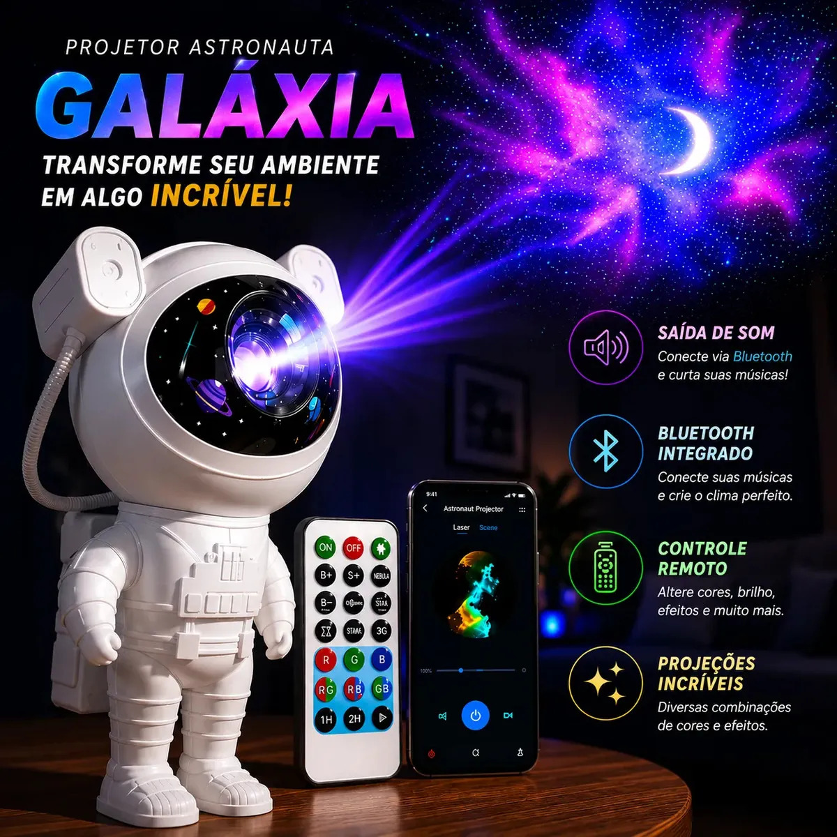 Projetor Astronauta Galaxia Estrelas Nebulosa Led Luz Noturna Rotativo Bluetooth Caixa De Som Controle Remoto Timer Quarto Infantil Ambiente Relaxante Bivolt Presente MidiaFone