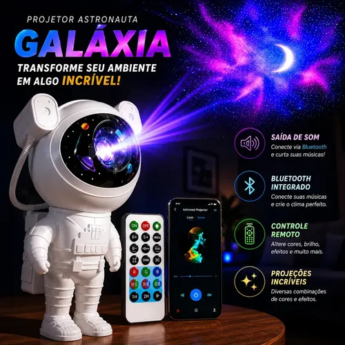 Midiafone Projetor Astronauta Galaxia Estrelas Nebulosa Led Luz Noturna Rotativo