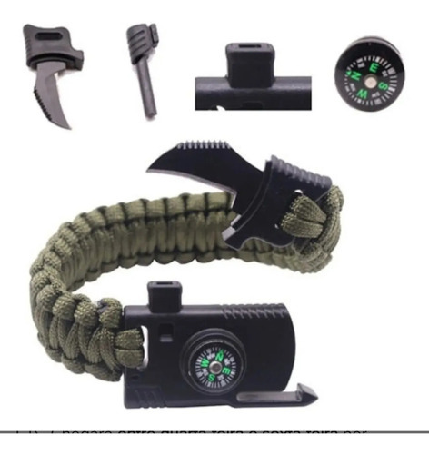 Pulseira Paracord Sobrevivência Militar Pederneira Bussola Cor Verde