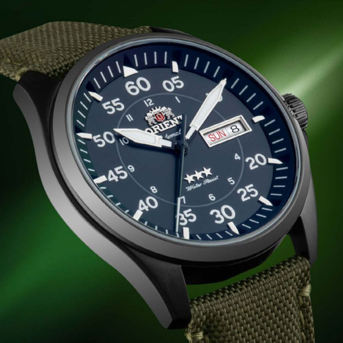 Relógio Orient Sport Air Flieger Automático Yn6pn009 P2ex Correia Verde-musgo Bisel Preto Fundo Preto