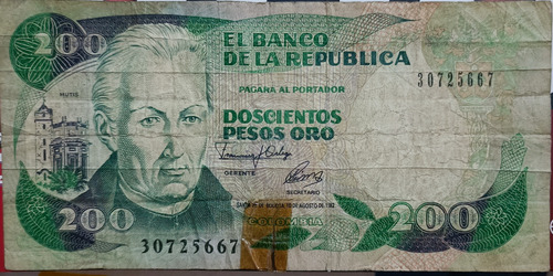 Billete Antiguo De 200 Pesos Oro Colombianos 