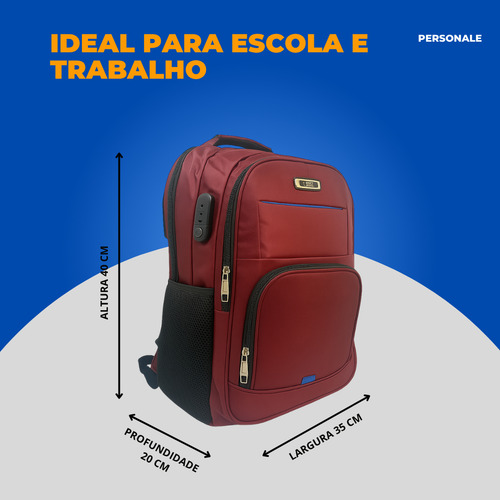 Mochila Alça Reforçada Impermeável Notebook Cabo De Aço 40l Vermelho Marsala Liso