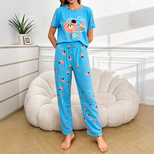 Pijama Mujer 3 Piezas Con Vestido Short Y Top Estampado