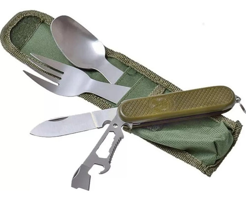 Set Cubierto Tenedor Cuchara +navaja Multiuso+ Funda Camping