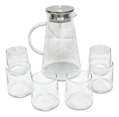 Set Jarra De Vidrio 1.9lts Con 6 Vasos Agua Jugo Tapa Metal