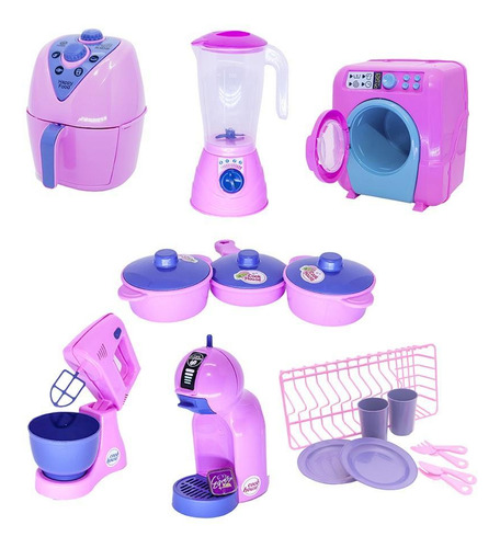 Kit Cozinha Infantil Rosa Air Fryer Panela Máquina Lavar 18p