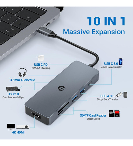 Hub Multipuerto 10 En 1, Adaptador De Concentrador Usb C De