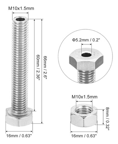 Tornillo Hexagonal Hueco M10x60mm De Acero Inoxidable