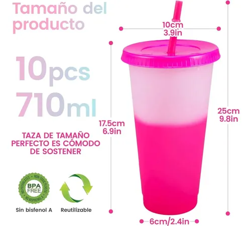 20pzs Vasos Magicos Cambian De Color Con Tapa Y Popote 710ml