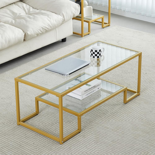 Mesa De Centro De Cristal Y Metal Dorado Dos Niveles Elegant