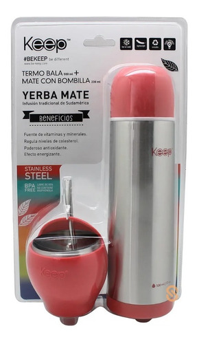 Set Termo Bala + Mate Con Bombilla Rosado Keep - Shopyclick