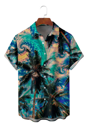 Camisa Hawaiana Unisex Coconut Tree Blue 4, Camisa Playa