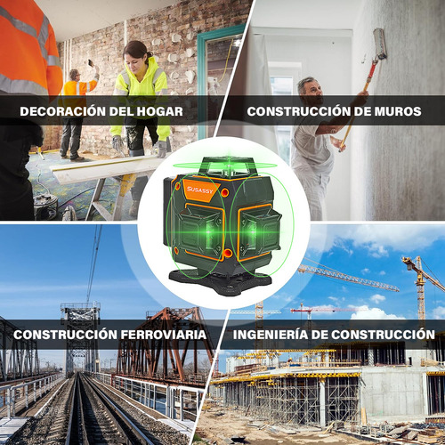 Nivel Láser 4x360 16 Líneas 4D Nivelador Autonivelante cruzada verde para construcción y colgar cuadros, SUSASSY SHMXF125OR batería recargable, mando a distancia, soporte giratorio magnético incluido