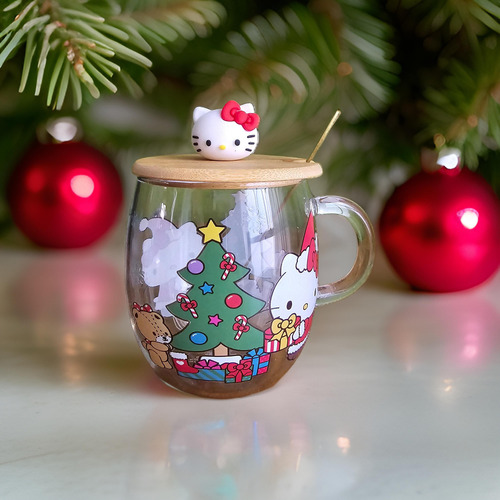 Hello Kitty Set Taza De Cristal Con Tapa Y Cuchara Sanrio