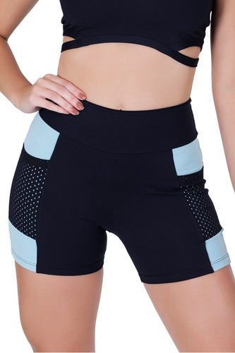 Short Poliamida Preto, Bolso Tela Detalhe Na Cor Aquático