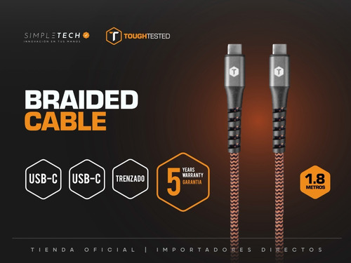 Imagen 2 de 4 de Cable Cargador Tipo C - C De Carga Rapida 1.8m Toughtested