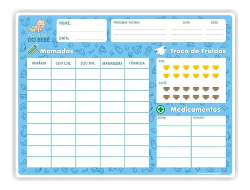 Tabela Controle Amamentação Magnética Azul Ímã De Geladeira