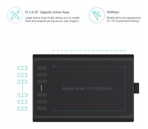 Tableta Dibujo Huion 1060 Plus Gráficos 12 Botones 8gb Color Negro