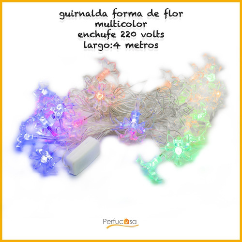Imagen 2 de 5 de Guirnalda Luz Led 20 Flor Rgb Navidad 4 Metros Enchufe 220 V