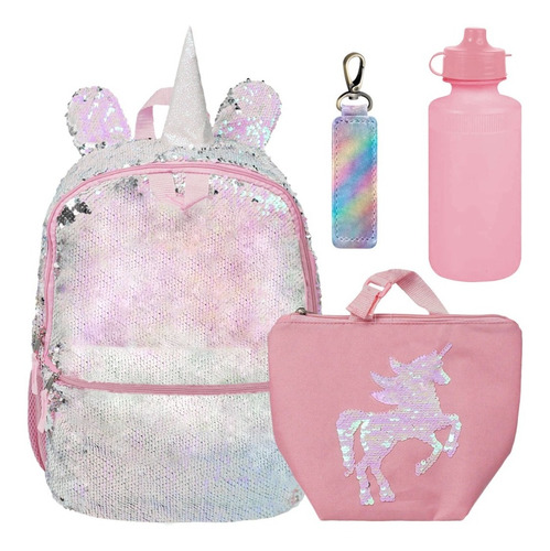 Mochila Y Bolsa Niñas Set 4 Piezas Unicornio Lentejuelas Color Rosa