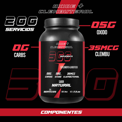 Óxido Nítrico+ Clembuterol Pre Entreno 300 Sup. 1kg 200serv Natural
