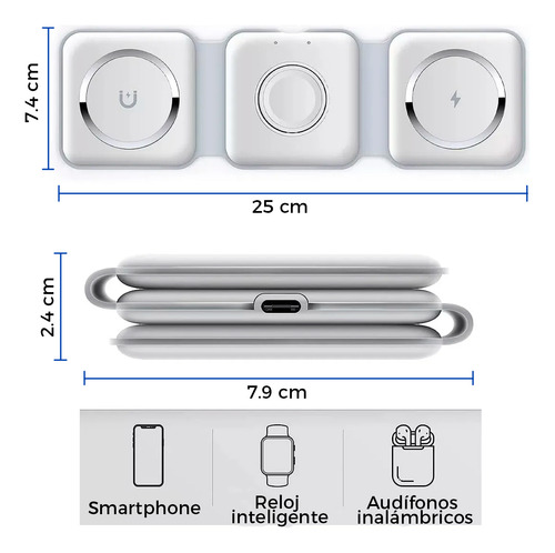 Base Cargador Inalambrico Plegable 3 En 1 Estación De Carga Para iPhone Slim Company Base Magnética Para Smartphone Reloj Audífonos Dispositivos Apple Y Android Carga Segura Color Blanco