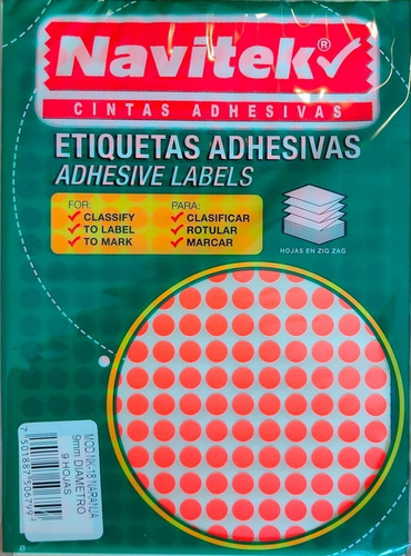 Etiquetas Adhesivas Diámetro 9mm Naranjas Paq C/2520unidades