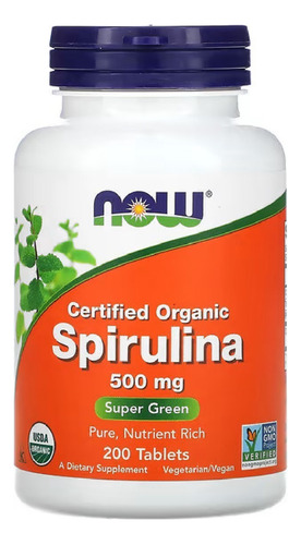 Spirulina 500mg 200 Tabs Espirulina Orgânica Certificada Now Sabor Sem Sabor