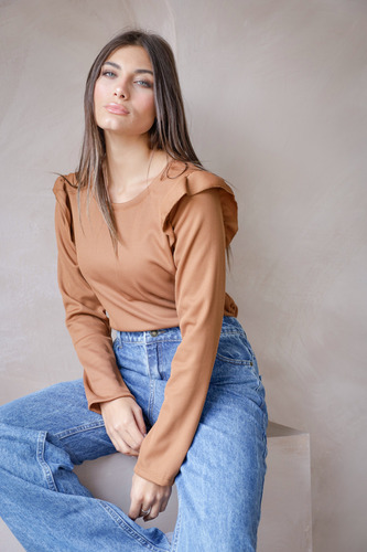 Remera Waffle Panal Frizado Manga Larga Volados Talle Grande