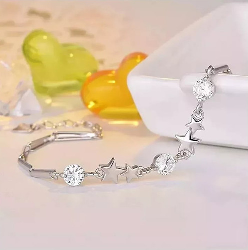 Pulsera Plata 925 Estrellas Ajustable Circones En Oro Blanco