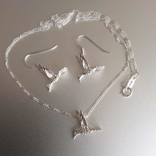 Imagen 8 de 10 de Juego De Cadena Aretes Dije De Colibrí Plata Ley 925 Solida