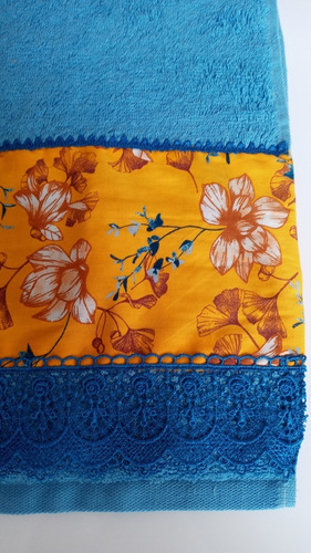 Imagem 4 de 7 de Toalha De Rosto Fio Egípcio Azul 48x80cm Tricoline E Guipir
