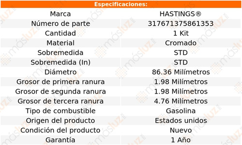 Set Anillos Pistón Std Pb100 Van L6 3.7l 74 Hastings