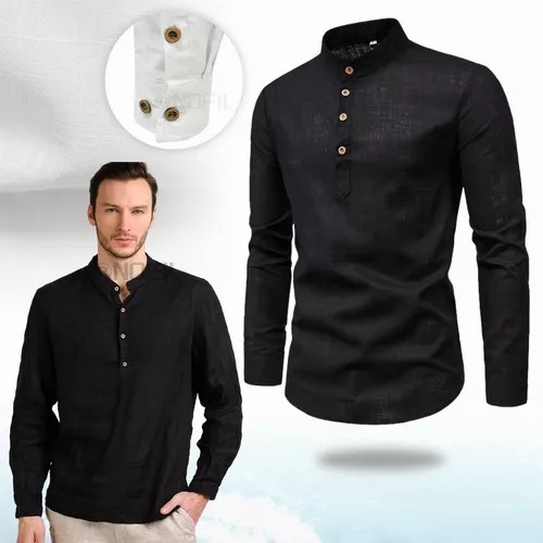 Camisa Hombre Casual Algodón Lino Cuello Mao Manga Larga